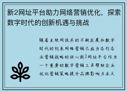 新2网址平台助力网络营销优化，探索数字时代的创新机遇与挑战